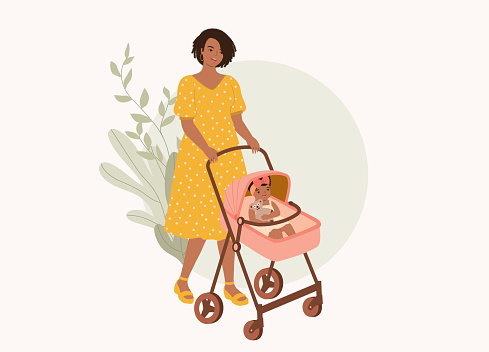 Black Mother Walking With Her Child In A Stroller.