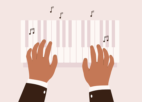Black Male’s Hand With Formalwear Playing Piano Keys. Isolated On Color Background.