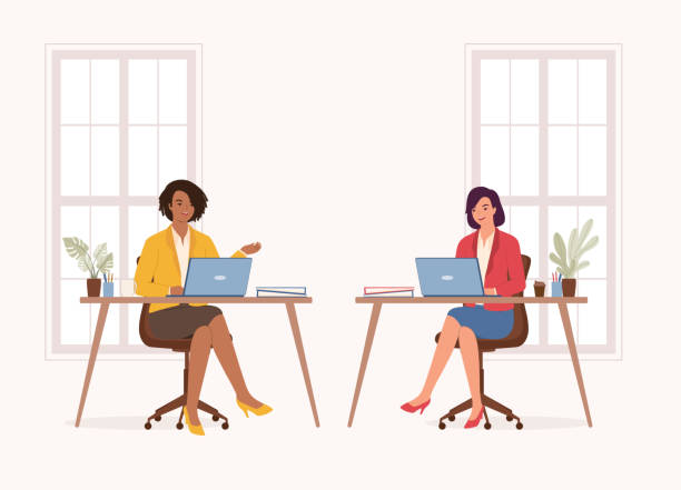 сотрудницы смешанной расы разговаривают друг с другом в офисе. - talking chair two people sitting stock illustrations