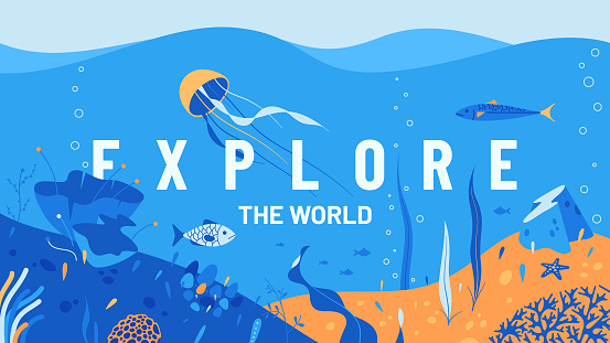 Underwater world concept vector illustration template with text.