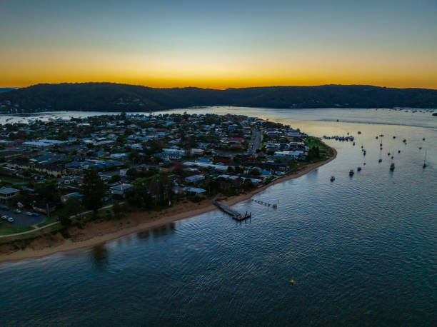 istock Aerial sunrise waterscape with clear skies 1403362120
