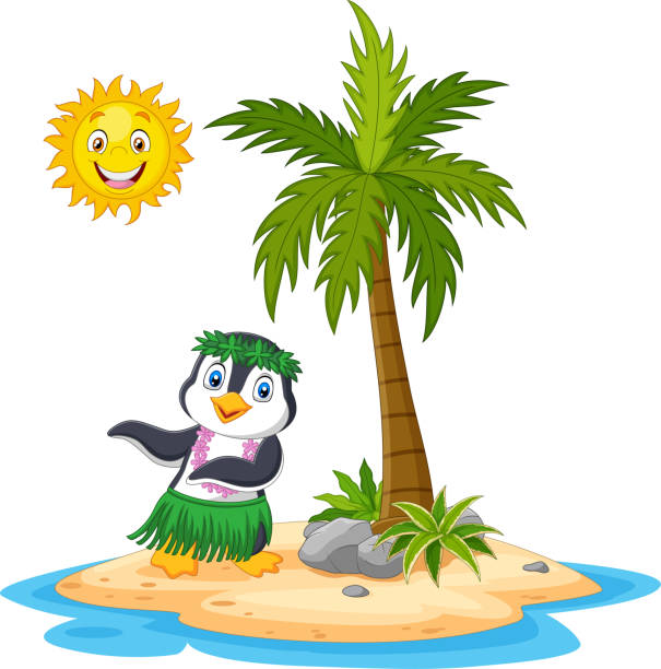 мультфильм гавайский пингвин хула на тропическом острове - grass skirt stock illustrations