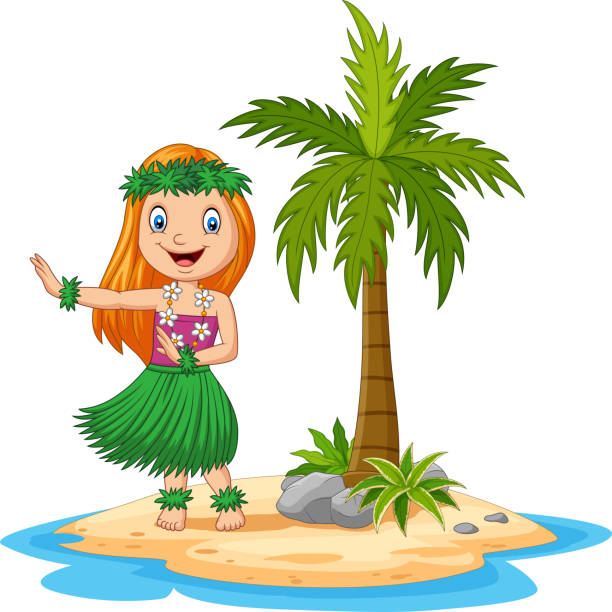 열대 섬에서 훌라를 춤추는 하와이 소녀 - garland hawaii islands hawaiian culture party stock illustrations