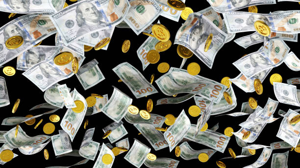 istock Falling gold coin and dollar banknote, business wealth concept. 3D rendering. 1403366860