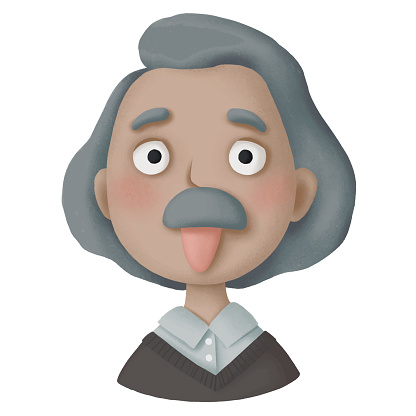 Cute cartoon illustration depicting a portrait of man with his tongue out. Portrait of a gray-haired scientist painted by hand.