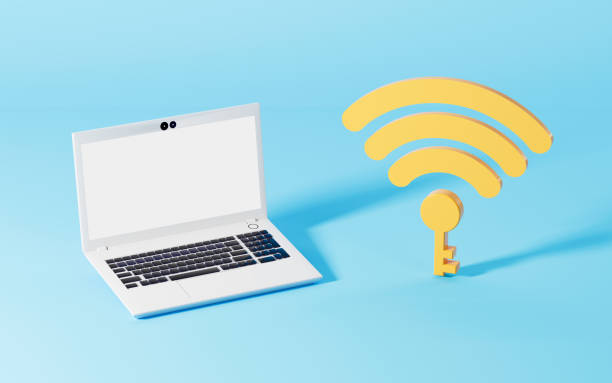 istock A laptop and wifi icon with blue background, 3d rendering. 1403370794