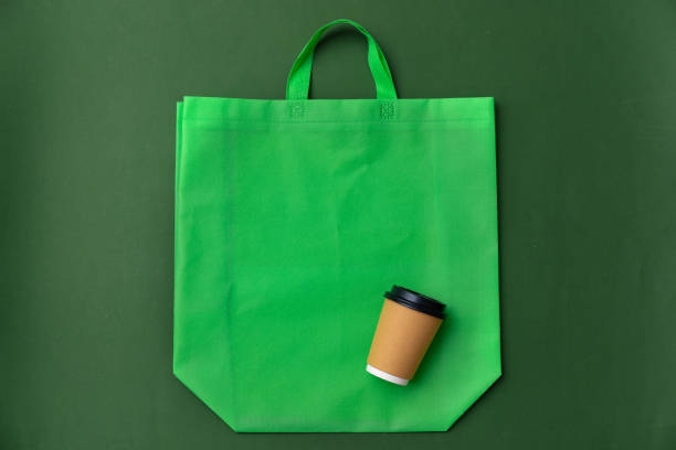 istock Textile shopping bag and coffee cup flat lay 1403373188