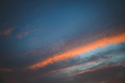 Panorama of Sky background or texture at the sunset time with clouds. Copy space. Instagram