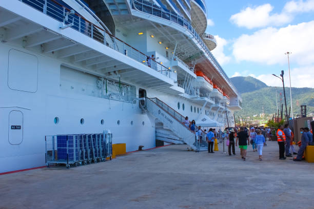 Puerto Plata, DR - May 10, 2022: MSC Seashore cruise ship docked at tropical island port Taino Bay in Puerto Plata, Dominican Republic