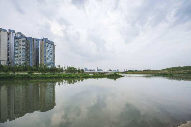 Sunny day riverside Chengdu City