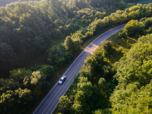 istock Aerial view on Highway road in the forest. View from a drone. Ca 1403378036