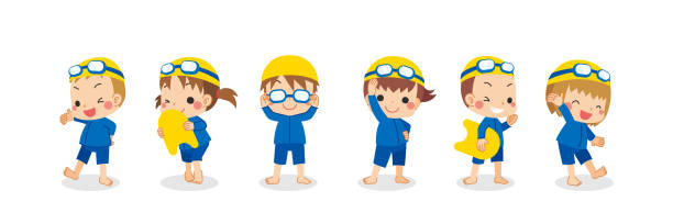 kleine kinder im schulbadeanzug - swimming goggles stock-grafiken, -clipart, -cartoons und -symbole