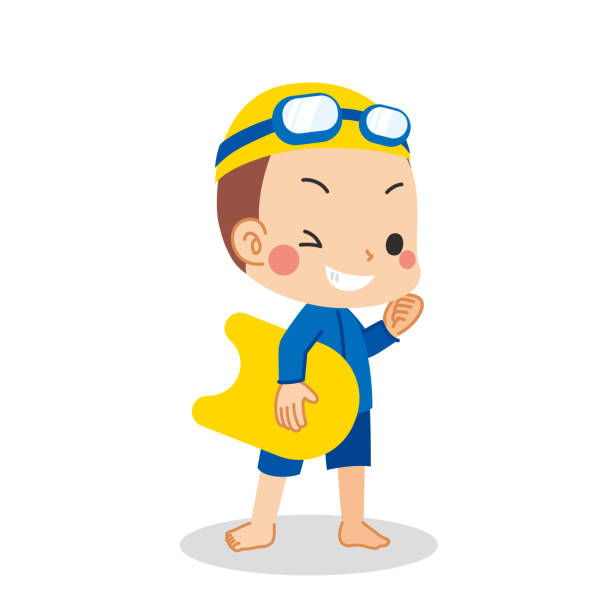 kleiner junge im schulbadeanzug - swimming goggles stock-grafiken, -clipart, -cartoons und -symbole