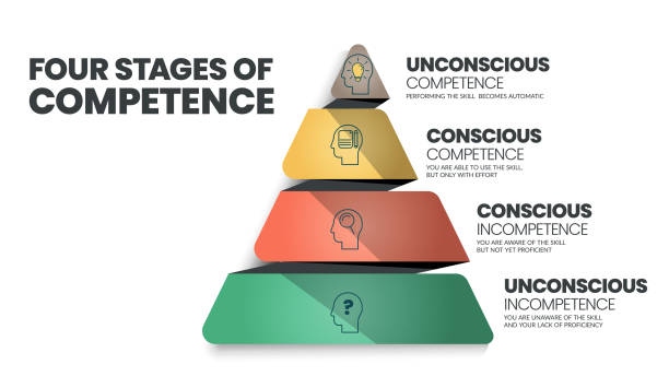 The four stages of competence or the conscious competence learning model, relates to the psychological states involved in the process of progressing from incompetence to competence in a skill. Vector. The four stages of competence or the conscious competence learning model, relates to the psychological states involved in the process of progressing from incompetence to competence in a skill. Vector. embarrassed stock illustrations