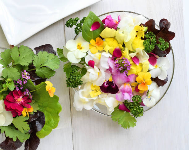 edible flower salad edible flower salad on the table edible flower stock pictures, royalty-free photos & images