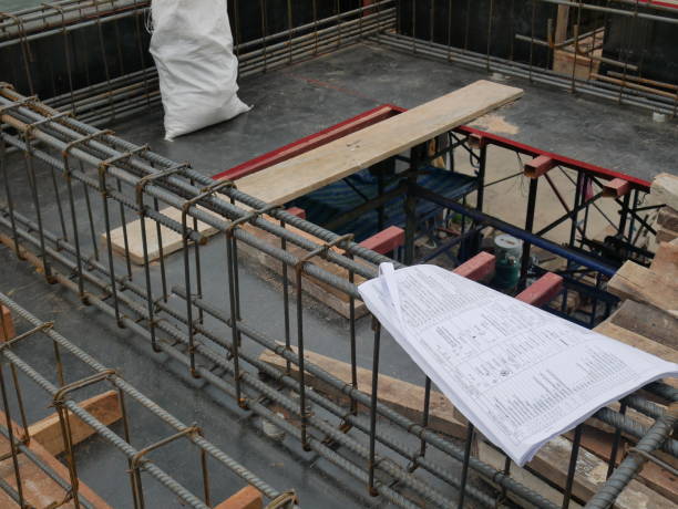 blueprint on construction site - construction steel construction frame built structure imagens e fotografias de stock