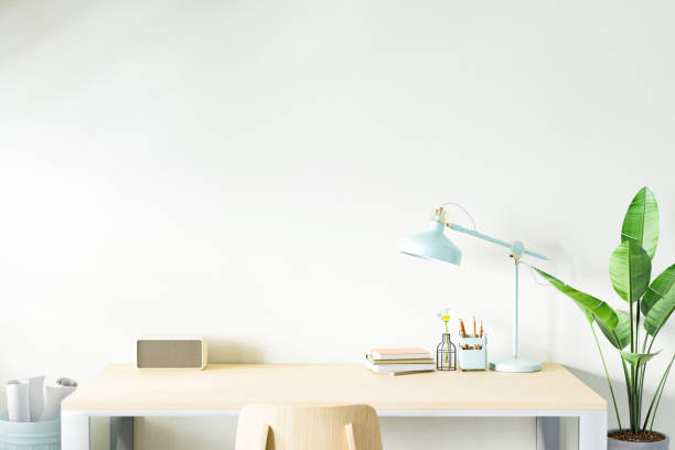 istock Workspace home office desk supplies on office workplace. 3D rendering. 1403382614