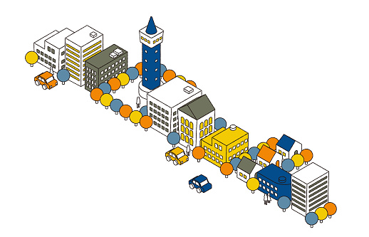 Isometric cityscape illustration (line drawing)
