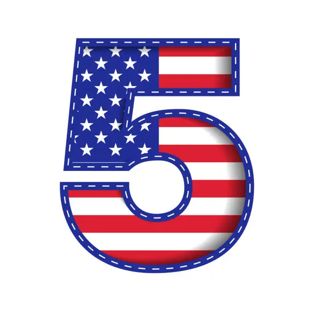 Vector illustration of 5 Numeric Number Character Letter USA Independence Memorial Day United States of America Character Font Blue Navy Red Star Stripes  National Flag White Background 3D Paper Cutout  Vector Illustration