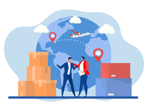 ilustrações de stock, clip art, desenhos animados e ícones de businessman shake hands, metaphor for logistics and business meetings delivery logistics service for tiny businessman flat vector illustration.  website design or landing web page - export