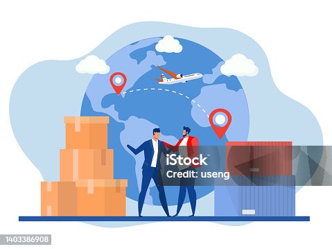 istock businessman shake hands, metaphor for logistics and business meetings Delivery logistics service for tiny businessman flat vector illustration.  website design or landing web page 1403386908
