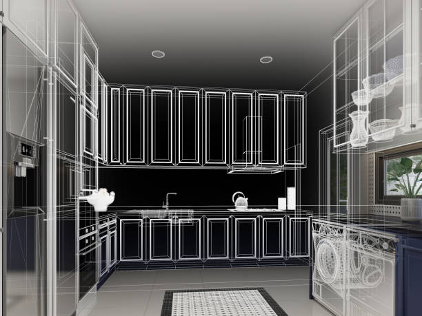 abstract sketch design of kitchen room ,3d rendering