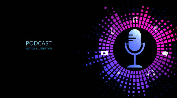 Podcast vector design concept. Podcast vector design concept.Podcast logo, Microphone icon on black background. music speaker logo stock illustrations