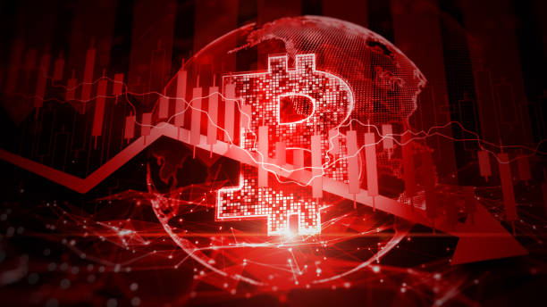 bitcoin en recesión crisis del mercado global precio rojo de las acciones flecha hacia abajo gráfico descendente caída, pérdida de dinero inflación económica en movimiento deflación caída de la pérdida de inversión, renderizado 3d - criptomoneda fotografías e imágenes de stock