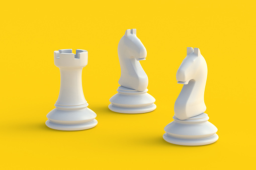 Set of chess figures on yellow background. Table games. International tournament. Hobby and leisure. 3d render