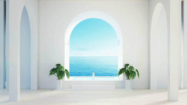 baño con vistas al mar en la playa - hotel de lujo y moderno - renderizado 3d - santorini greece villa beach fotografías e imágenes de stock
