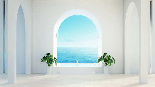 해변 바다 전망 욕실 - 고급 스러움과 현대적인 호텔 - 3d 렌더링 - arched window 뉴스 사진 이미지