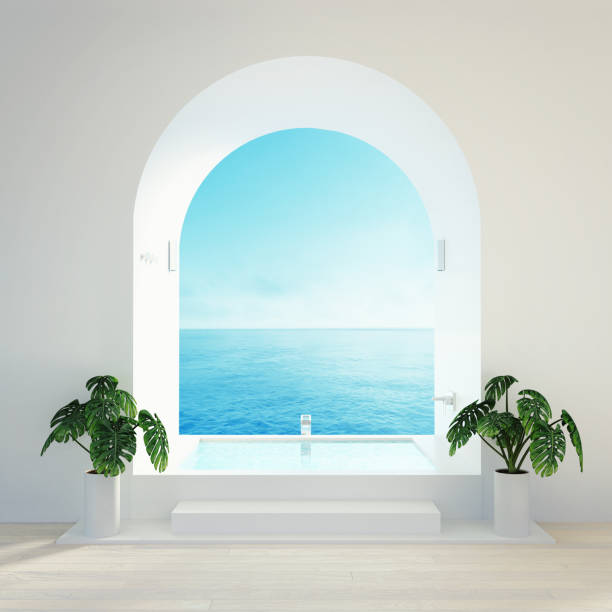 istock Beach sea view bathroom - Luxury and modern hotel - 3D rendering 1403392151