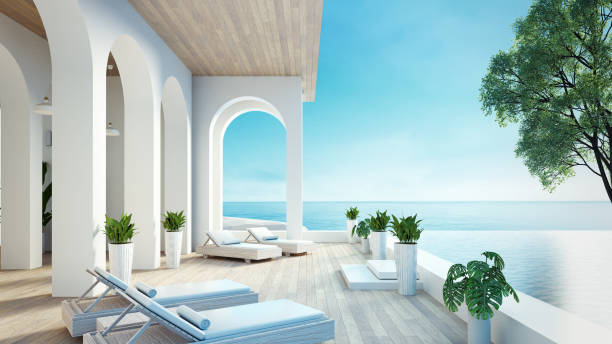 beach luxury living on sea view - 3d rendering - santorini greece villa beach foto e immagini stock