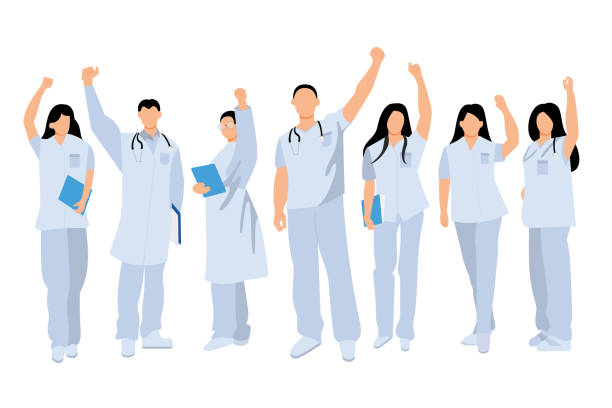 ilustraciones, imágenes clip art, dibujos animados e iconos de stock de ilustración plana. un equipo de médicos en cada página trabajando en equipo para tratar a las personas infectadas con covid-19. en el hospital para el tratamiento más eficaz - female dentist illustrations