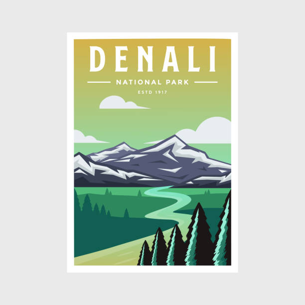 illustrations, cliparts, dessins animés et icônes de conception d’illustration vectorielle d’affiche du parc national denali - scenics denali national park alaska usa
