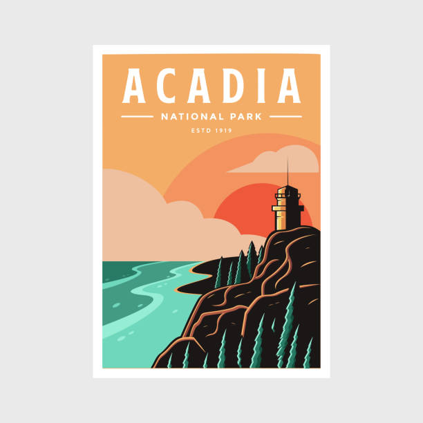 Acadia National Park poster vector illustration design Acadia National Park poster vector illustration design lighthouse maine new england coastline stock illustrations
