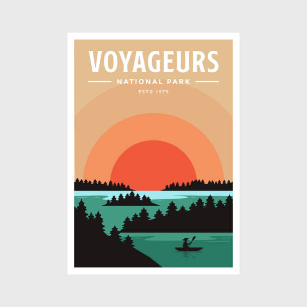illustrazioni stock, clip art, cartoni animati e icone di tendenza di voyageurs national park poster disegno illustrazione vettoriale - water sport lake canoe canoeing