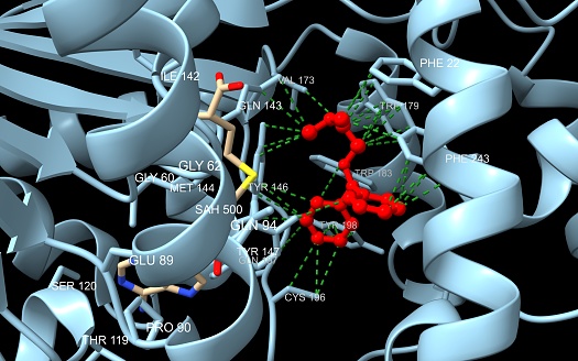 3D cartoon model with the interacting residues labeled, PDB 2aot, black background.