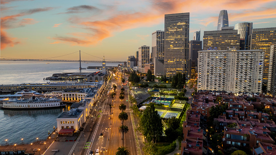 High quality stock photo looking at the Embarcadero in San Francisco. Once a busy port city, now supports tourism and is a top destination for tourism.