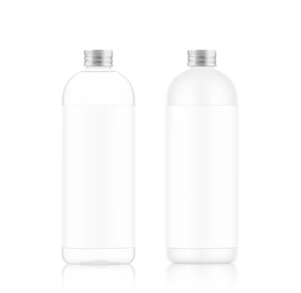 istock Glass and plastic bottle with label and metal screw cap mockup. 1403397841