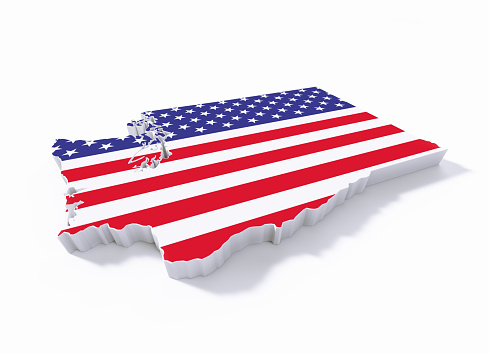Extruded physical map of Washington State textured with American flag on white background. Horizontal composition with copy space. Clipping path is included.