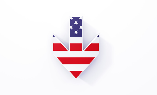 Extruded down arrow symbol textured with American flag on white background. Horizontal composition with copy space. Clipping path is included.