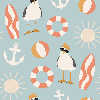 cute cartoon abstract seamless vector pattern background illustration with seagull character, anchor, surfboard, sun and other colorful summertime elements