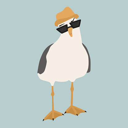 cute cartoon funny character seagull with sunglasses and summer hat vector illustration