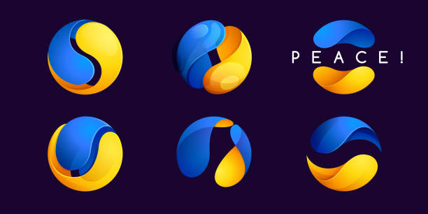우크라이나의 구체 로고는 평화 문자와 함께 플래그 색상. - yin yang ball stock illustrations