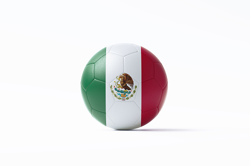 Soccer ball textured with Mexican flag sitting on white background. Horizontal composition with copy space. Clipping path is included. Qatar 2022 World Cup qualifiers concept.