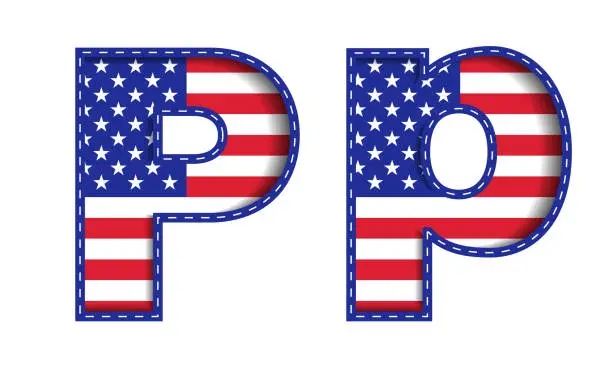Vector illustration of P Alphabet Capital Small Letter USA Independence Memorial Day United States of America Character Font Blue Navy Red Star Stripes  National Flag White Background 3D Paper Cutout  Vector Illustration