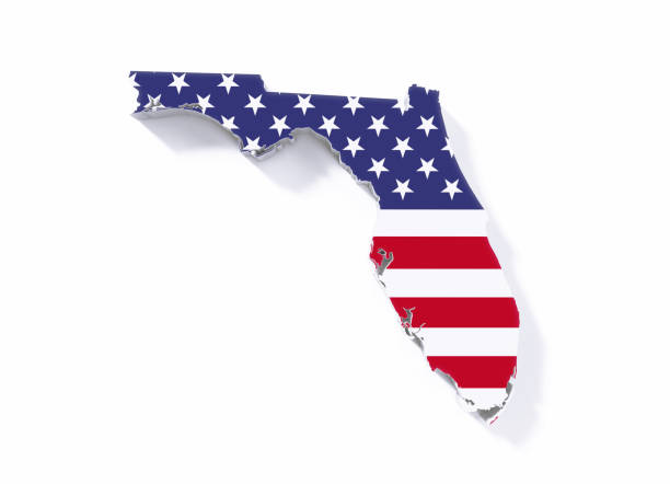 Extruded physical map of Florida State textured with American flag on white background. Horizontal composition with copy space. Clipping path is included.