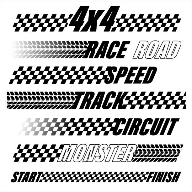 Sport flags lines silhouettes text lines Different black and white sport flags silhouettes for start and finish lines. Text and logo design with tire tracks and flags motorsport stock illustrations