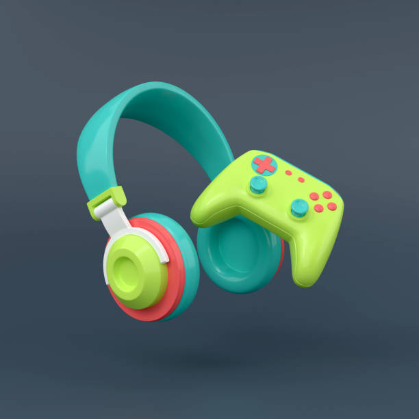 istock Headphones and joystick with colorful on a dark background.3D illustration. 1403402014